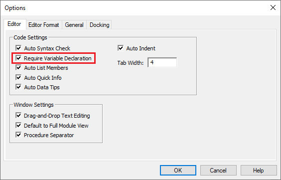 Require variable declaration window