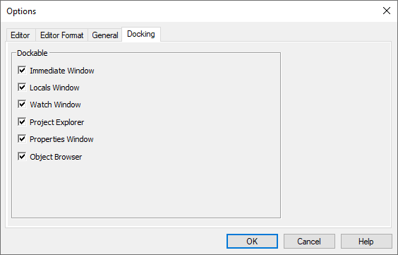Visual Basic Editor Options Docking