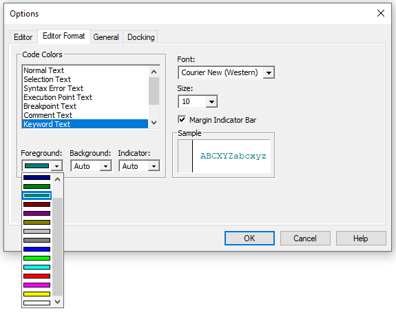 Visual Basic Editor Options Editor Format Blue Green Keywords