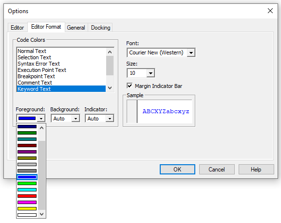 Visual Basic Editor Options Editor Format Blue Keywords