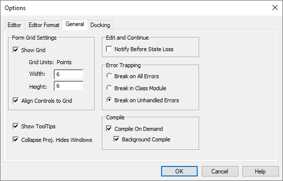 Visual Basic Editor Options General