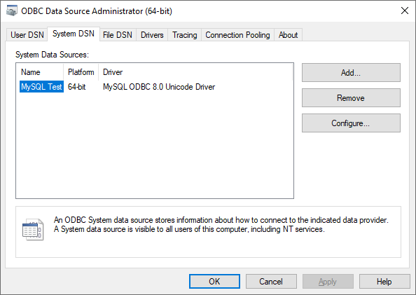 System DSN MySQL