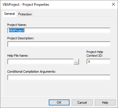 VBA Project Properties General