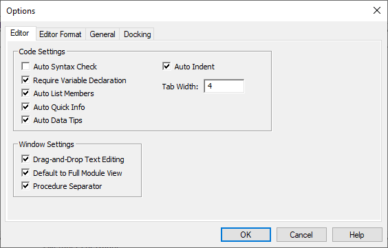 Visual Basic Editor Opitons