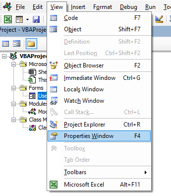 VBE View Properties Window